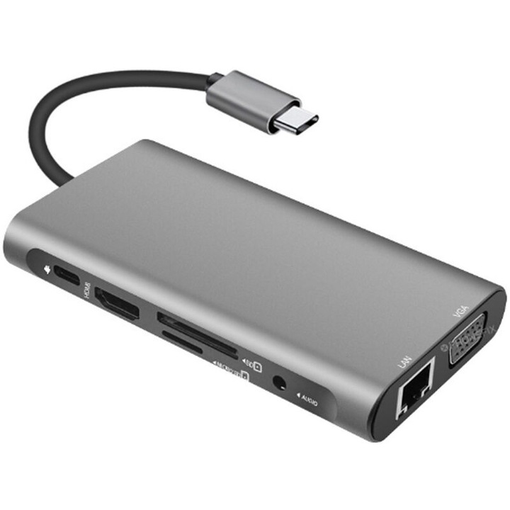 Statie de andocare 10 in 1 Type-C, hub USB3.1, HDMI 4K, VGA, RJ45, 26.5x6.2x1.8cm, gri