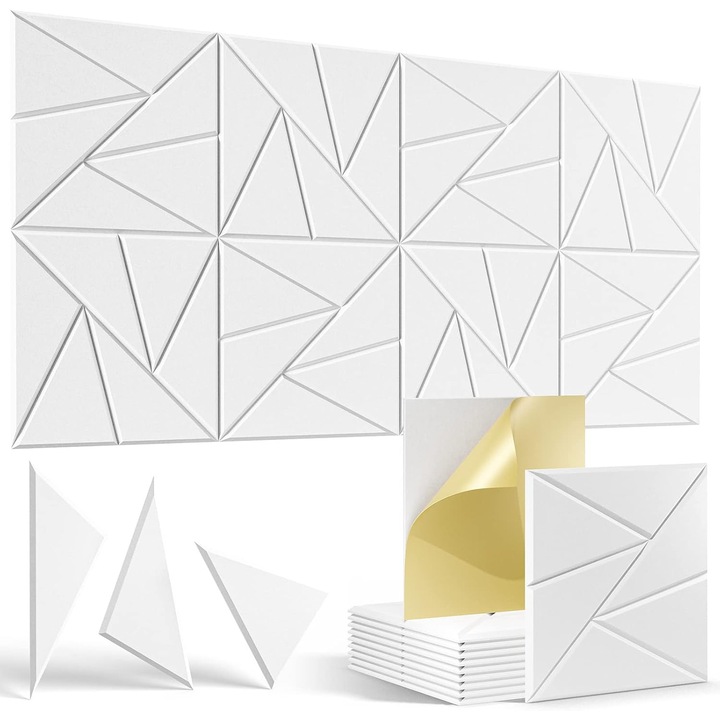 Set de 12 panouri acustice, WALALLA, autoadezive, 30x30x0.9cm, pentru izolare fonica si decorare interioara, Alb Triunghiular