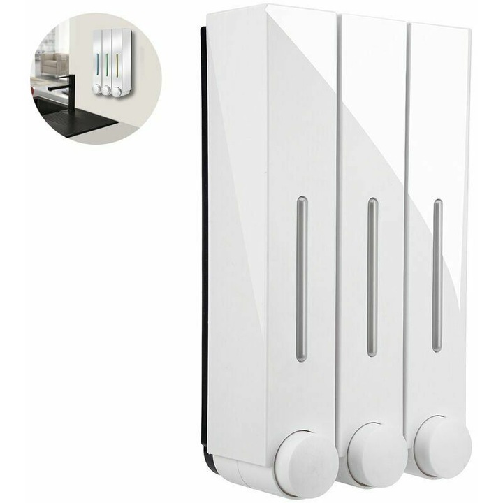 Fali szappanadagoló, 3 rekeszes, ABS, fehér, 28x15.3x9cm