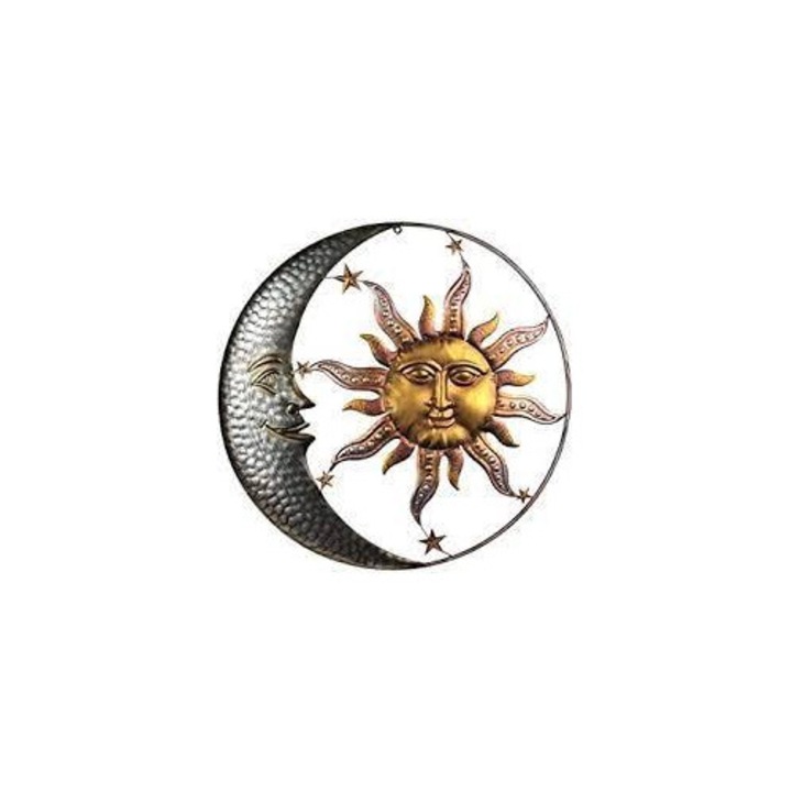 Decoratiune perete metalica Soare si Luna, 28.6cm, negru si galben