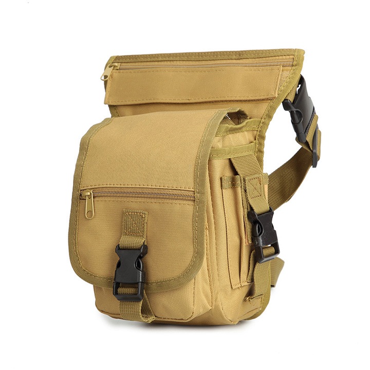 Rucsac de drumetie, geanta de picior din panza, 5 buzunare, culoare khaki, 23x12x12cm