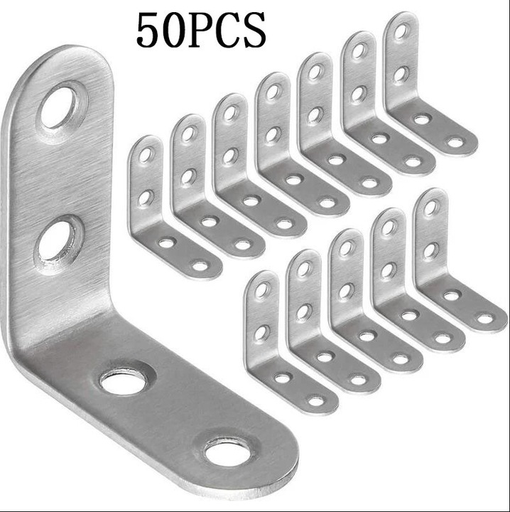 Set de 50 suporturi de fixare din otel inoxidabil 40x40mm, coltare pentru mobilier, argintii