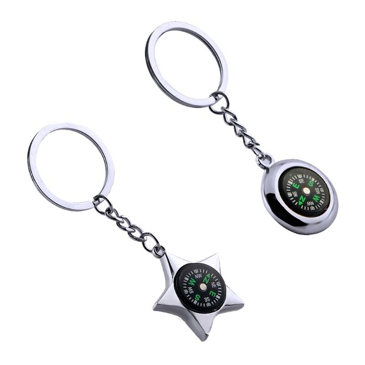 Breloc busola supravietuire metal set 2 bucati argintiu compact