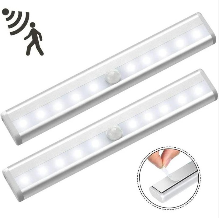 Комплект 2 LED светлини със сензор за движение, 10 LED-а, бял, 1.5x2.5x20см