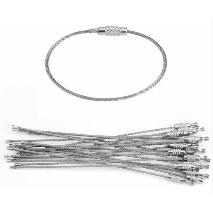 Készlet 15 darab rozsdamentes acél drót kulcstartó, 1.5x15cm, ezüst