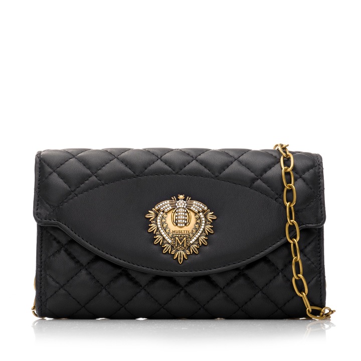 Portofel dama tip plic, Musette, JAQUELINE, piele naturala, negru, 20 x 12 cm