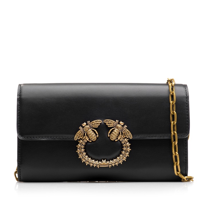 Portofel dama, Musette, ARTEMIS, Piele naturala, Negru/Auriu, 20 x 12 cm