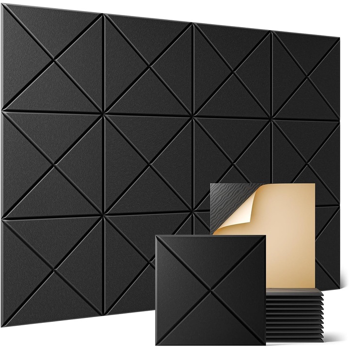 Set de 12 panouri acustice autoadezive, WALALLA, 30x30x0.9cm, pentru izolare fonica si decorare, negru