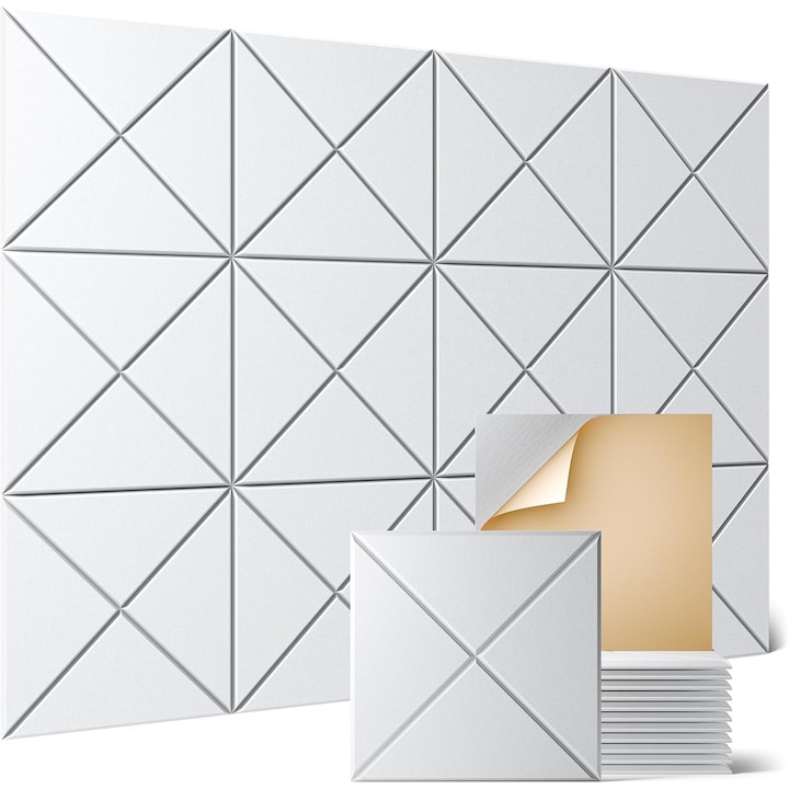 Set de 12 panouri acustice autoadezive, WALALLA, 30x30x0.9cm, alb, pentru izolare fonica si decorare interioara