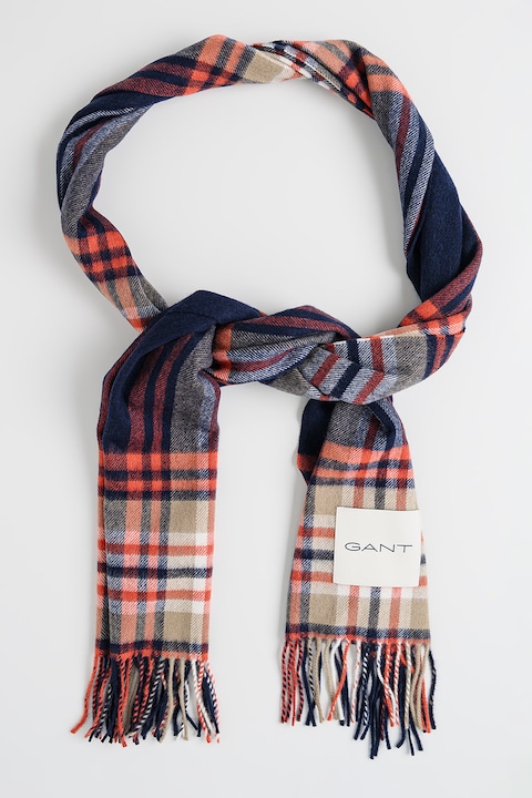 Gant, Fular franjurat de lana merinos cu model tartan, Caramiziu, Negru, Bej deschis