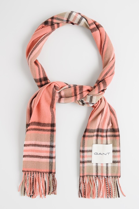 Gant, Fular franjurat de lana merinos cu model tartan, Negru stins, Caramiziu