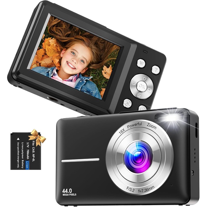 Aparat foto digital 1080P FHD Aparat foto digital compact 44MP Mini aparat foto portabil cu ecran LCD de 2 "4", zoom digital 16X - negru