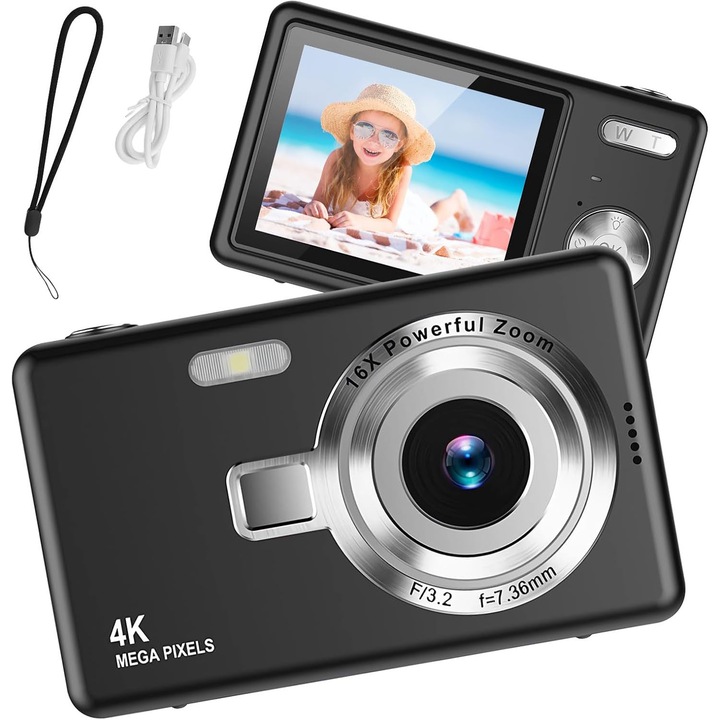 Camera digitala 1080P FHD 44MP cu ecran LCD de 2 "4", zoom digital 16X, camera compacta portabila pentru vlogging - neagra