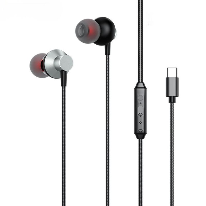 Vezetékes fülhallgató, USB-C, Bluvista, Vezetékes hívás-/hangerőszabályzó, Plug & Play digitális dekódolással, Hi-Fi hangzás, IPX4 vízállóság, USB-C csatlakozó, 1,2 m, fekete