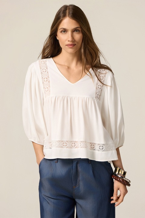 OLTRE, Bluza din amestec de bumbac cu maneci medii, Alb, XL