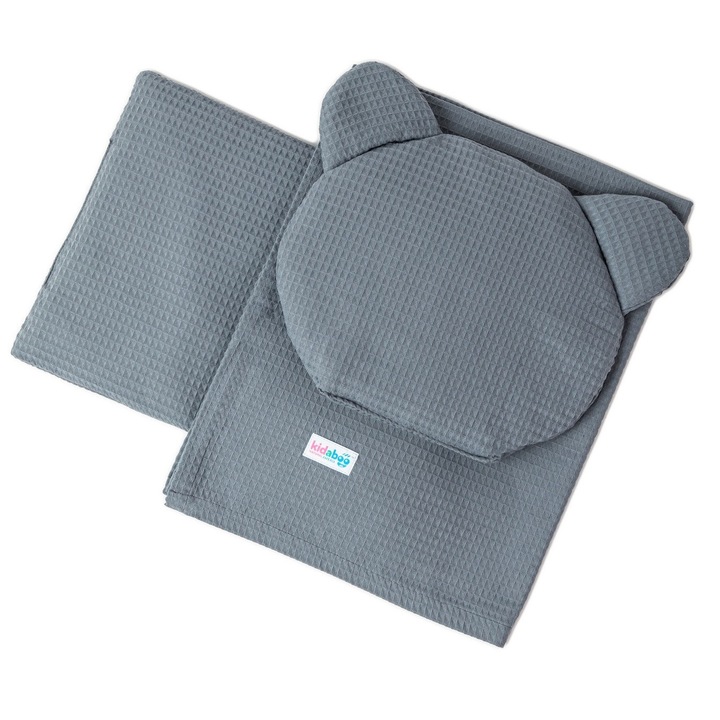 Baba takaró szett, Kidaboo, narzutka 75x100cm, 2 párna (mackós és téglalap alakú), 100% pamut, sötétszürke