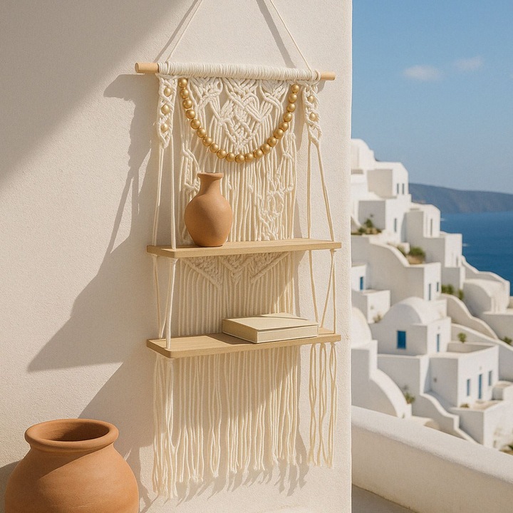 Decoratiune suspendabila raft dublu din lemn cu model macrame 41x13x82cm