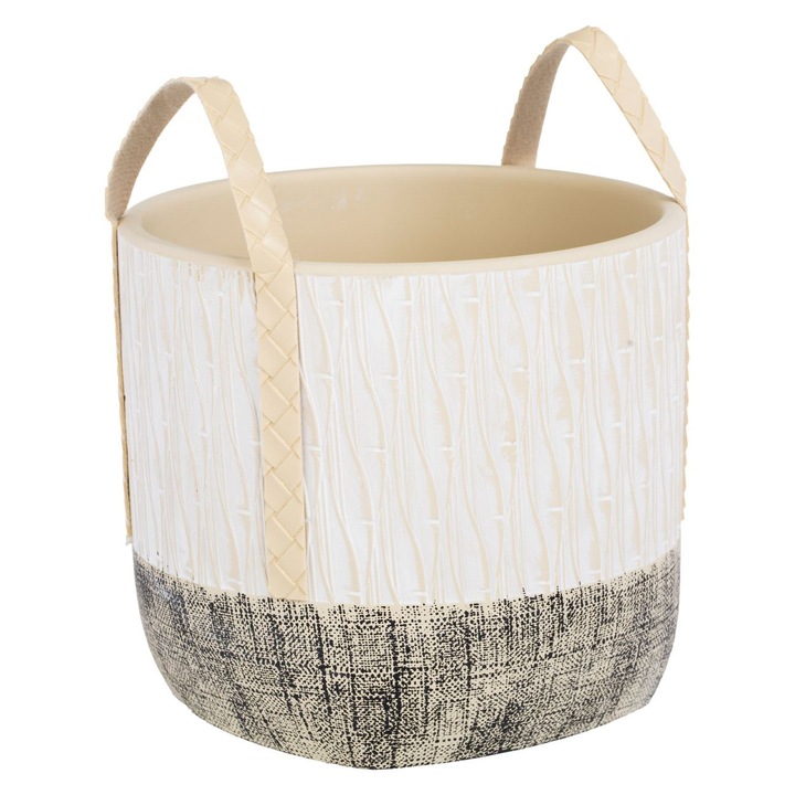Masca ghiveci ceramica ecru bej cu model reliefat & manere ø17x15cm - 2.8l