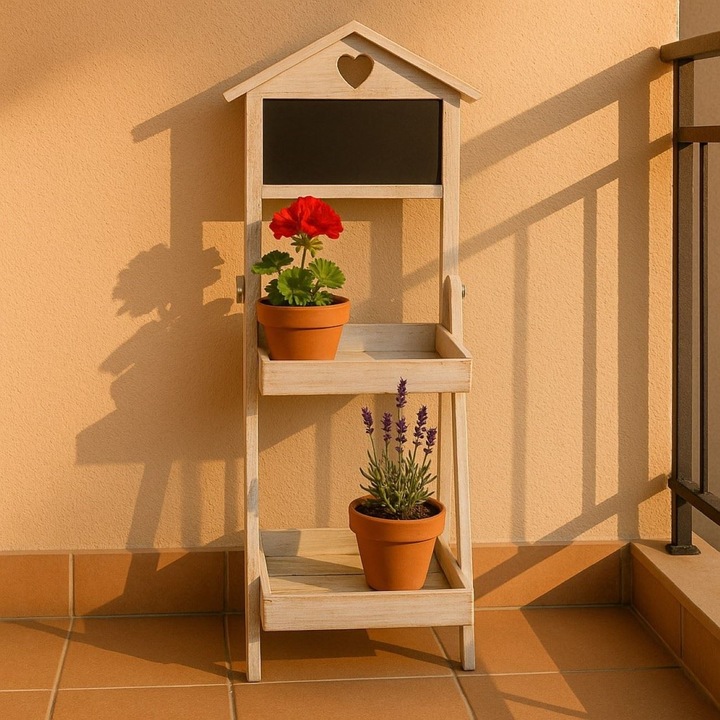 Suport ghivece din lemn alb vintage cu doua nivele & tabla neagra 36x29x80cm