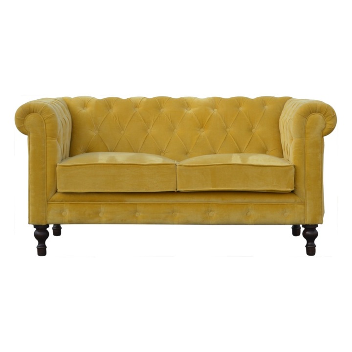 Canapea Chesterfield 2 locuri, catifea bumbac galben si picioare din lemn de mango, Z-HOME