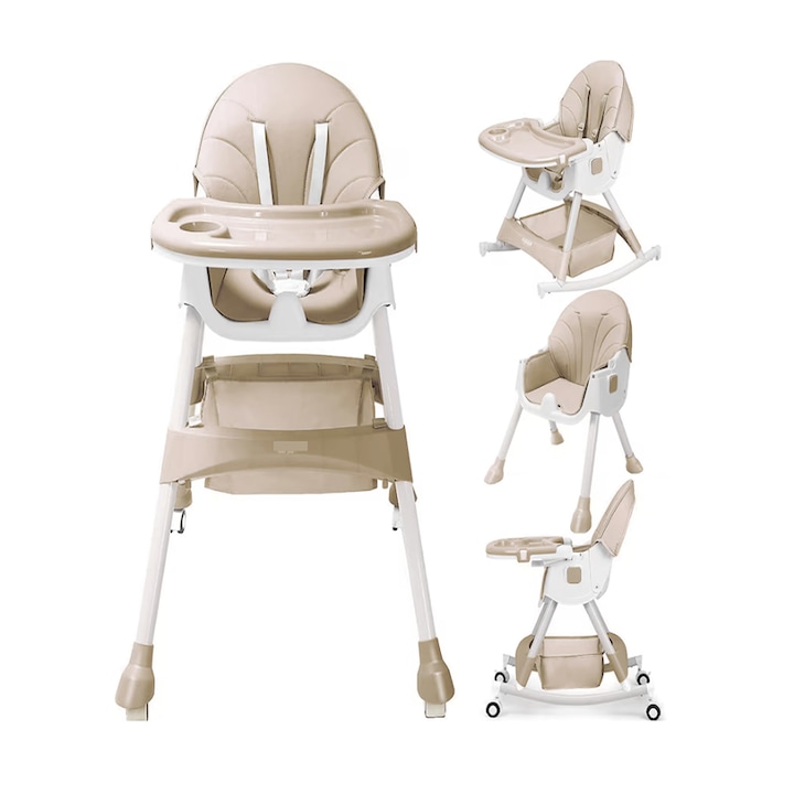 Scaun de masa bebe 4 in 1, Brivoo®, multifunctional, balansoar, pliabil, 4 roti, tava detasabila, centura 5 puncte, Crem, 6-72 Luni