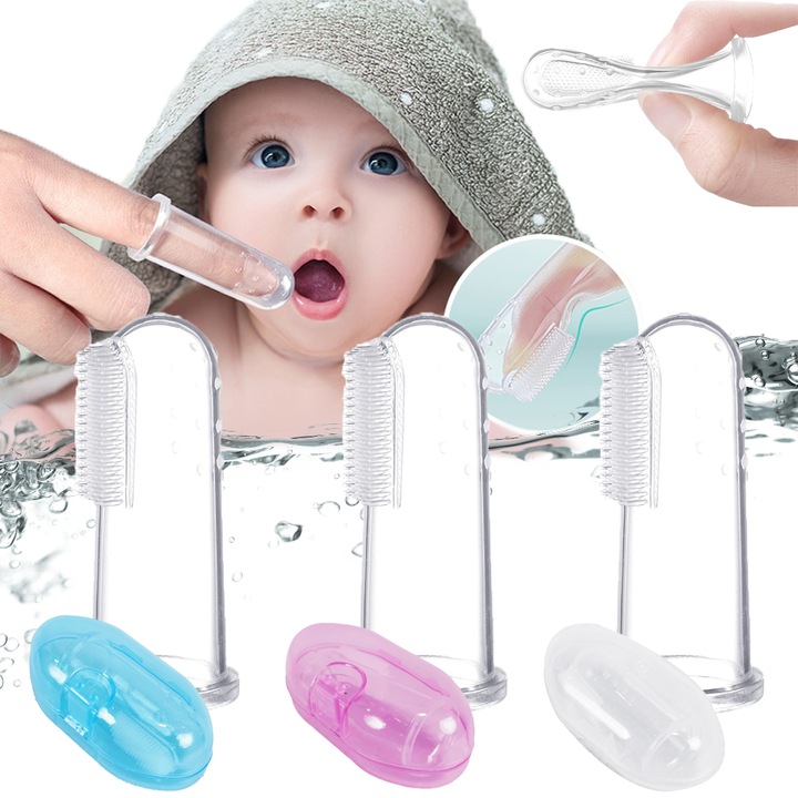 Четка за зъби за пръст на бебето (3 броя), мека четка за зъби за бебета и деца за тренировка при никнене на зъби, масаж за почистване на устната кухина, изграждане на здравословни орални навици за деца