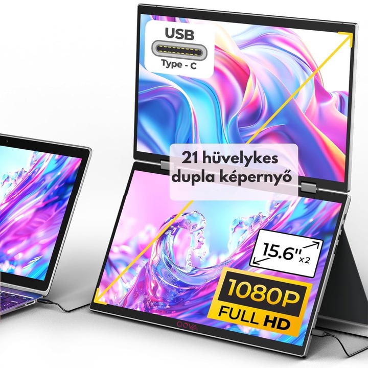 Dupla érintőképernyős, összecsukható és hordozható 15, 6 hüvelykes FHD monitor laptophoz, Qova® – 1080p képernyőbővítő, 360°-os forgatás, USB-C, kiterjeszthető laptop kijelző, 65W gyorstöltés, függőleges és vízszintes módok, Windows, Mac, Android