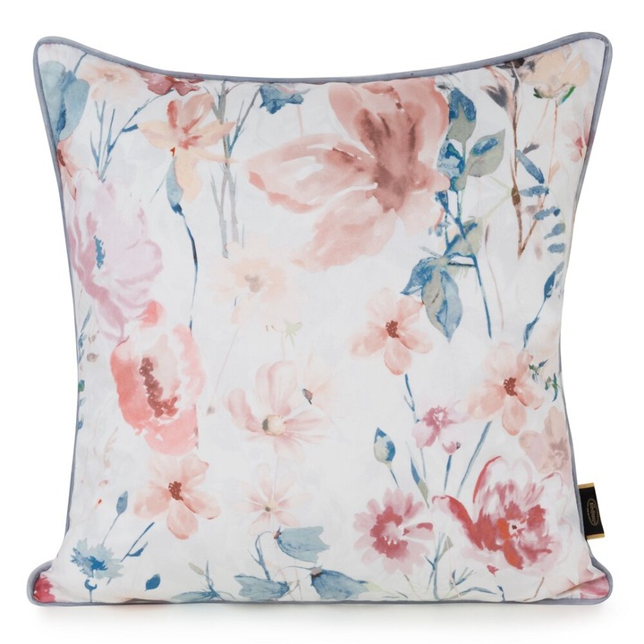 Fata de perna decorativa VELVET 156 45x45 Eurofirany alb cu imprimare de flori pastelate