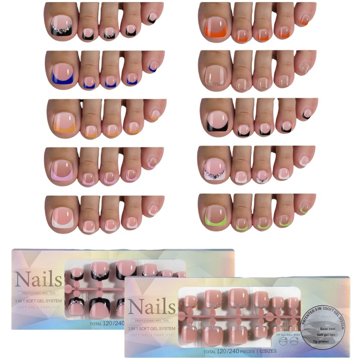 Set unghii false pentru picioare, Fantasy, 120 piese, ABS, Baza roz nude, Margini multicolore, cu strasuri decorative, 10 stiluri diferite, Multe dimensiuni diferite, pentru majoritatea persoanelor