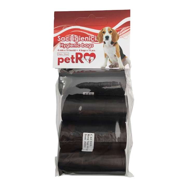 Saci Igienici Caini PETRO Negri, 4 Role Rezistente - 15 Pungi Igienice, Plimbari Curate si Responsabile, Set 60 bucati