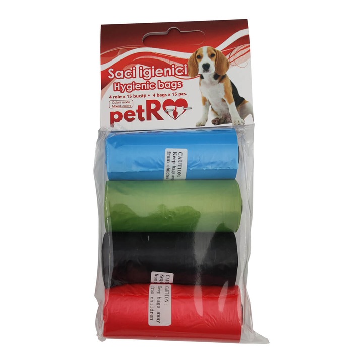 Saci Igienici Caini PETRO Color, 4 Role Rezistente - 15 Pungi Igienice, Plimbari Curate si Responsabile, Set 60 bucati