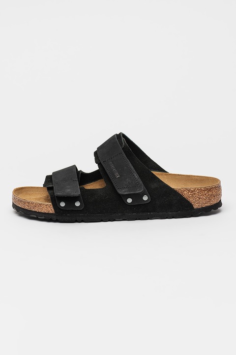 Birkenstock, Uji tépőzáras nyersbőr papucs, Koptatott fekete, 41