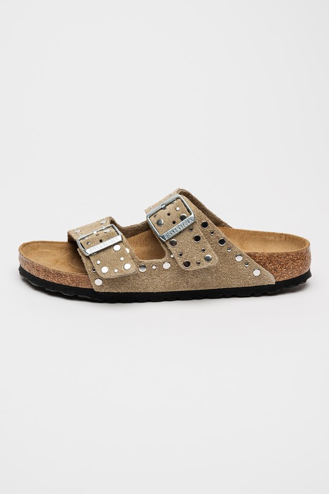 Birkenstock, Papuci de piele intoarsa cu nituri Arizona, Maro taupe/Argintiu, 39