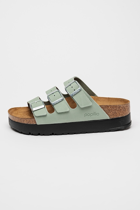 Birkenstock, Papuci flatform de piele Florida III, Verde pal/Argintiu, 39