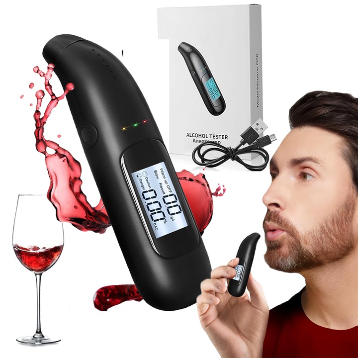 Alcootest portabil cu sensibilitate imbunatatita, analiza mai rapida si mai precisa, testare fara contact, pentru mai multe persoane, afisaj LCD, autonomie a bateriei de pana la o saptamana, incarcare rapida prin port USB-C, negru