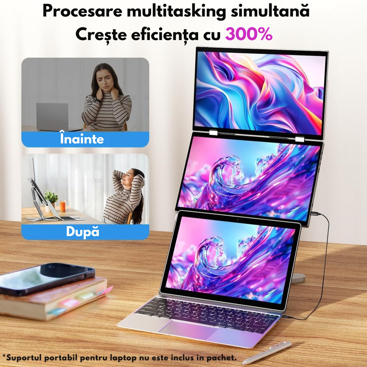 Monitor Dual Pliabil si Portabil de 15.6 inch FHD pentru laptop, Qova ...