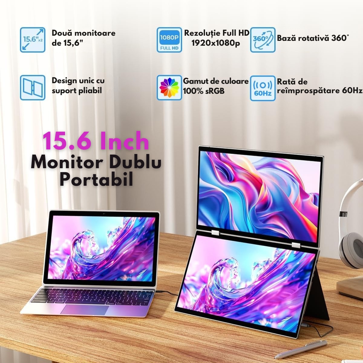 Monitor Dual Pliabil si Portabil de 15.6 inch FHD pentru laptop, Qova ...
