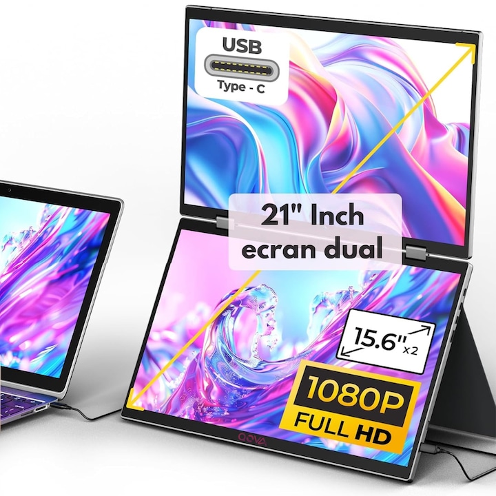Összecsukható és hordozható dupla 15, 6 hüvelykes FHD monitor laptophoz, Qova® – 1080p képernyőbővítő, 360°-os forgatás, USB-C, kiterjeszthető laptop kijelző, 65W gyorstöltés, függőleges és vízszintes módok, Windows, Mac, Android