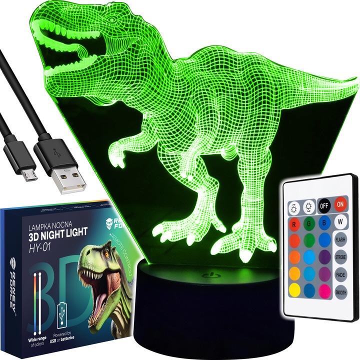 Lumina de noapte holografica 3D cu dinozauri LED, pentru copii Renew Force, 16 culori, 4 moduri de iluminare, include telecomanda, lumina ambientala, alimentare USB, material acrilic, culoare neagra HY-01-DINOSAUR