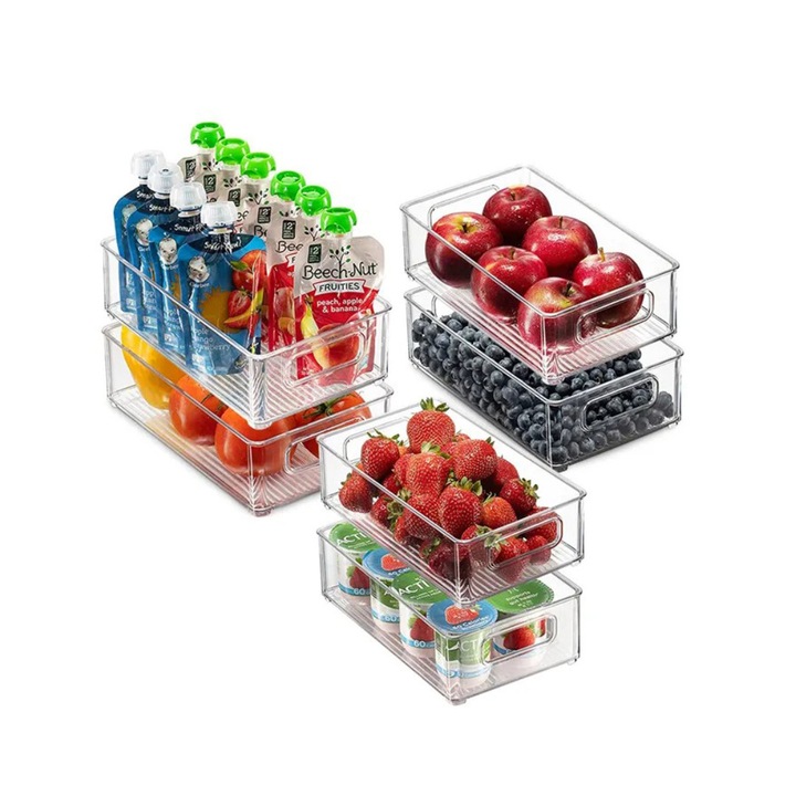 Organizator Frigider alimente, cutii organizatoare pentru frigider, Organizator stivuibil pentru frigider/dulap, Transparent, Plastic, Multifunctionala si Usor de Curatat, 3 dimensiuni, 6 bucati