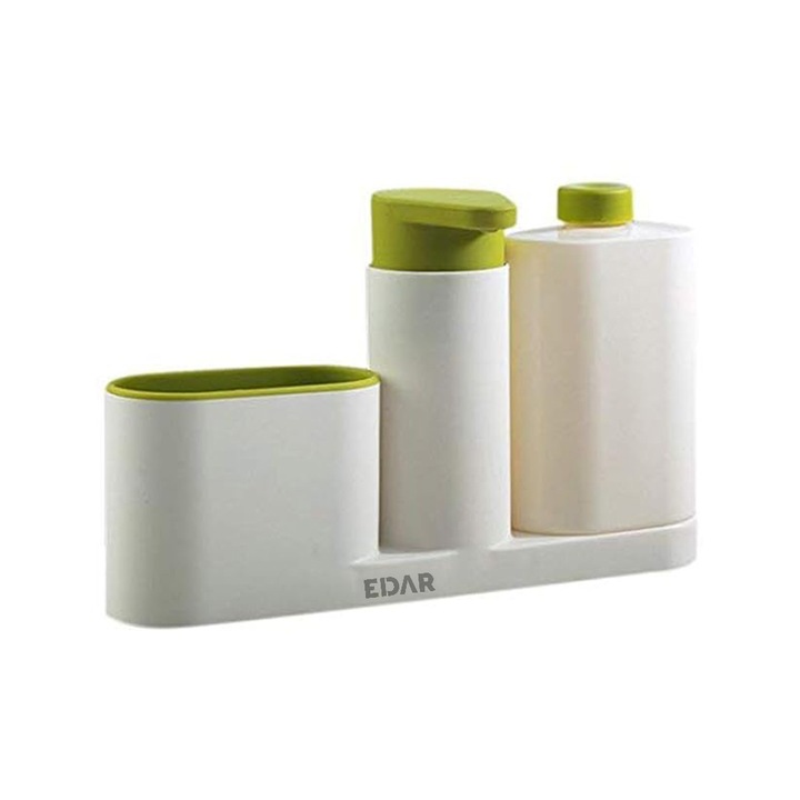 Organizator Multifunctional EDAR Pentru Chiuveta, Cu Dozator, Spatiu Depozitare Burete, Polipropilena, Alb/Verde