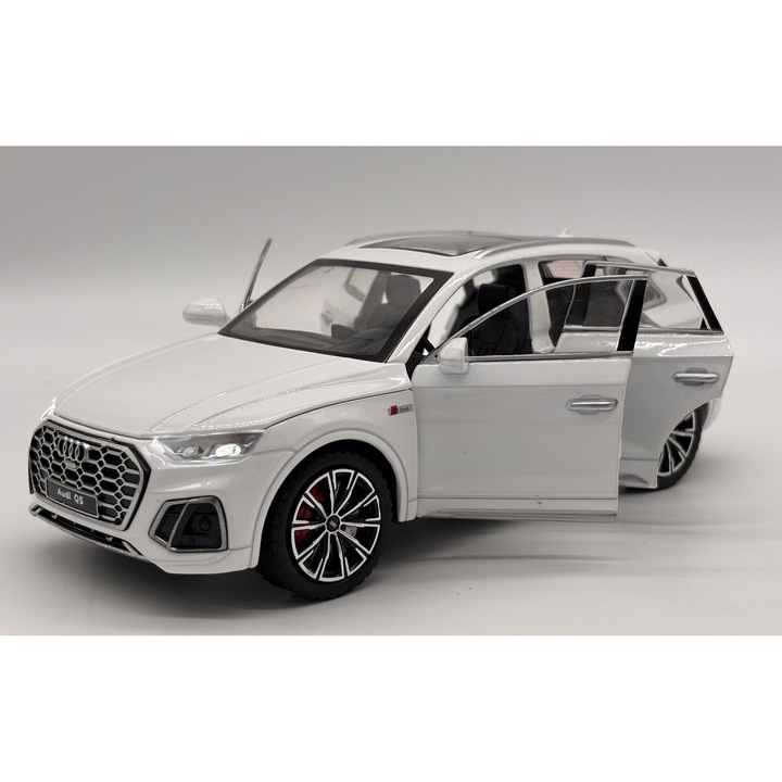 Audi Q5 S-Line 45 TFSI modellautó, fém – 20,5 cm, visszahúzó funkcióval, hangokkal, fényekkel és mozgó elemekkel - fehér