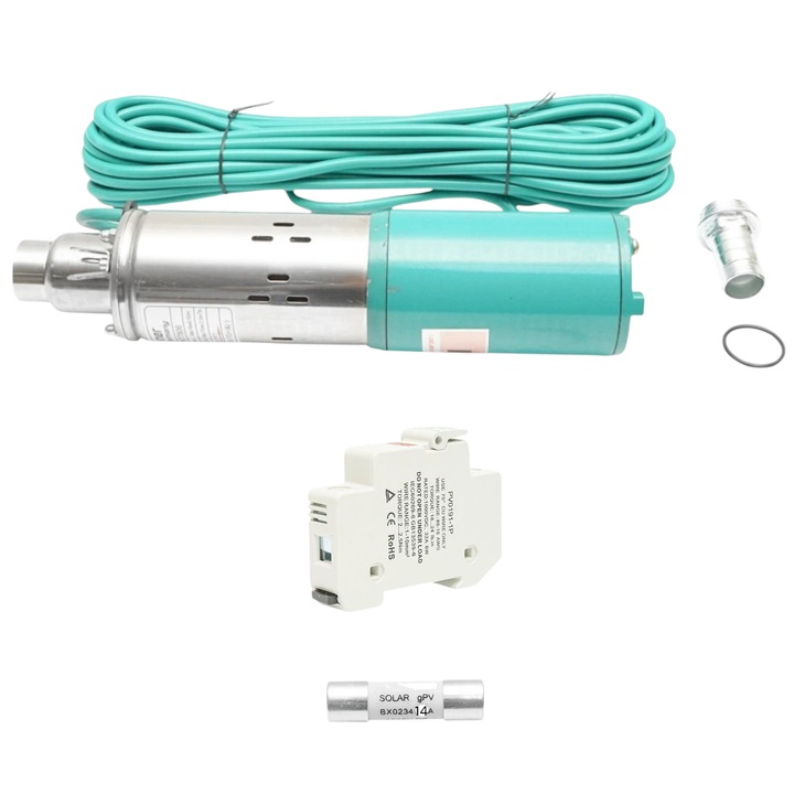 Pompa apa submersibila 24V, putere 250W, debit maxim 2m³/ha, posibilitatea legare la panourile fotovoltaice cu caracteristicele pompei, recomandat prin microinverter iesire 24V, baterie direct 24V + siguranta 14A