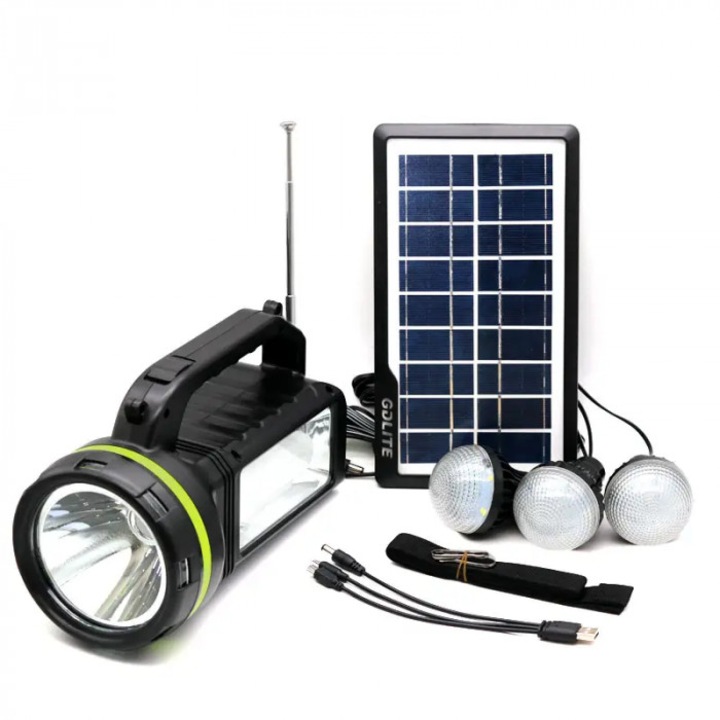 Lampa Kit Solar Portabil GDLite GD-2000A – 3 BecurI LED, Panou Solar, Radio FM, Bluetooth, MP3, USB, Lanterna, Brivoo®