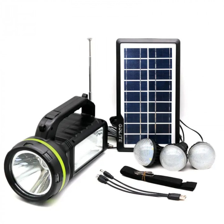 Lampa Kit Solar Portabil GDLite GD-2000A – 3 BecurI LED, Panou Solar, Radio FM, Bluetooth, MP3, USB, Lanterna, Brivoo®