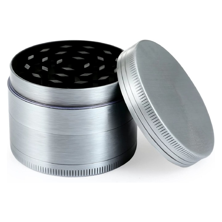 Grinder Tutun Premium SUPER TRENDS®, Aliaj de Aluminu, Usor de demontat, Ascutit, Usor de Curatat, Portabil, Argintiu