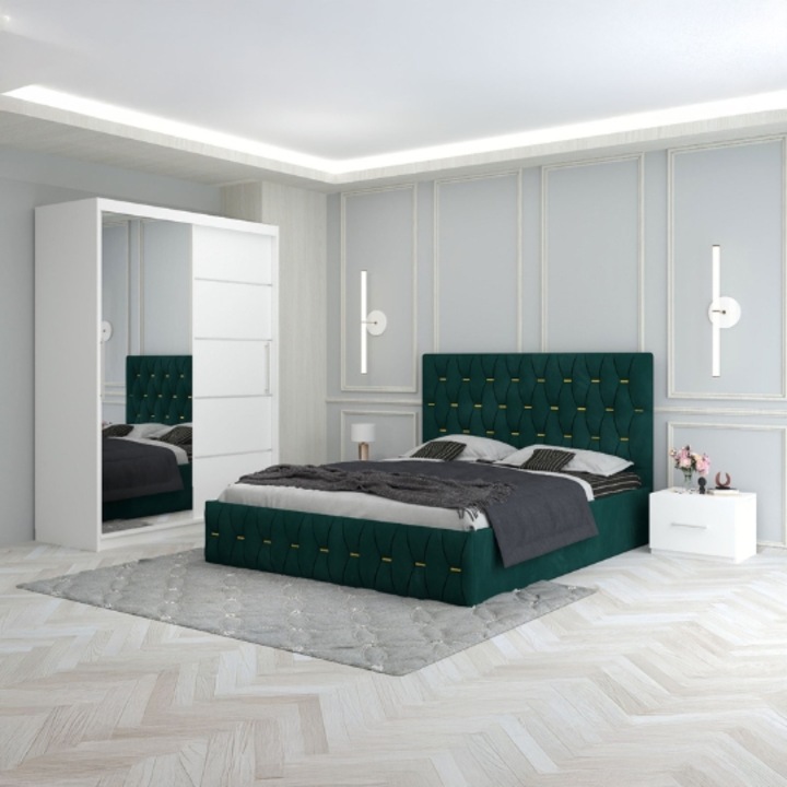 Dormitor Eric Vento, Pat Tapitat 180x200, Dulap cu oglindă 150x208, Noptiere 48x32x35 cm, Verde Celamob