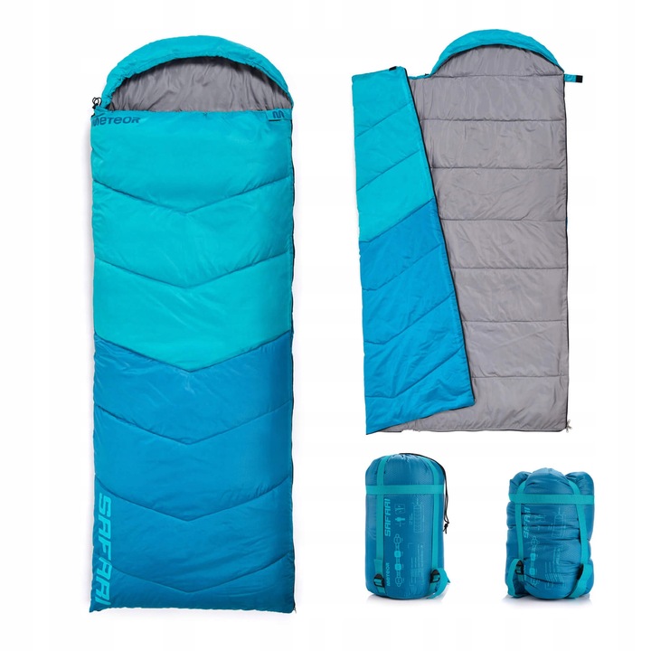 Sac De Dormit Turistic, Meteor, Safari, Dimensiuni: 190+30 x 80 x 80 cm, Greutate: 1, 43 Kg, Interval De Temperatura: +15 Pana La -2°C, Material: Poliester 190T, 190 x 30 x 80 cm, Albastru