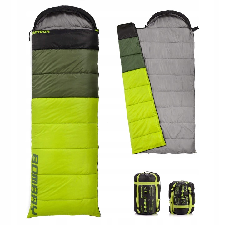 Sac De Dormit Turistic, Meteor, Bombay, Cusaturi Care Previn Deplasarea Umpluturii, Fermoar Bidirectional, Gluga Integrata Cu Snur Si Stopper, Husa De Depozitare, (190+30) x 75 x 75 cm, Verde-Negru