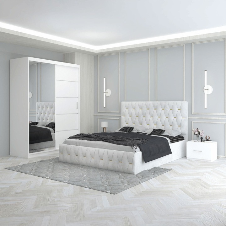 Dormitor Eric Alb Celamob Pat Tapitat Dulap cu oglinda si Noptiere